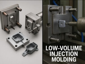 Low volume injection molded plastic parts arranged on a production tray